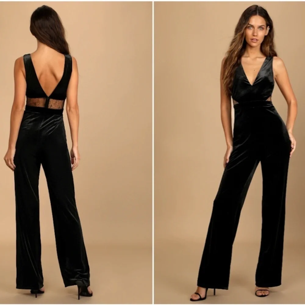 LULU's Sexy Chic Elegant Prom Holidays Wedding Velvet Lace Sophisitcated Jumpsui